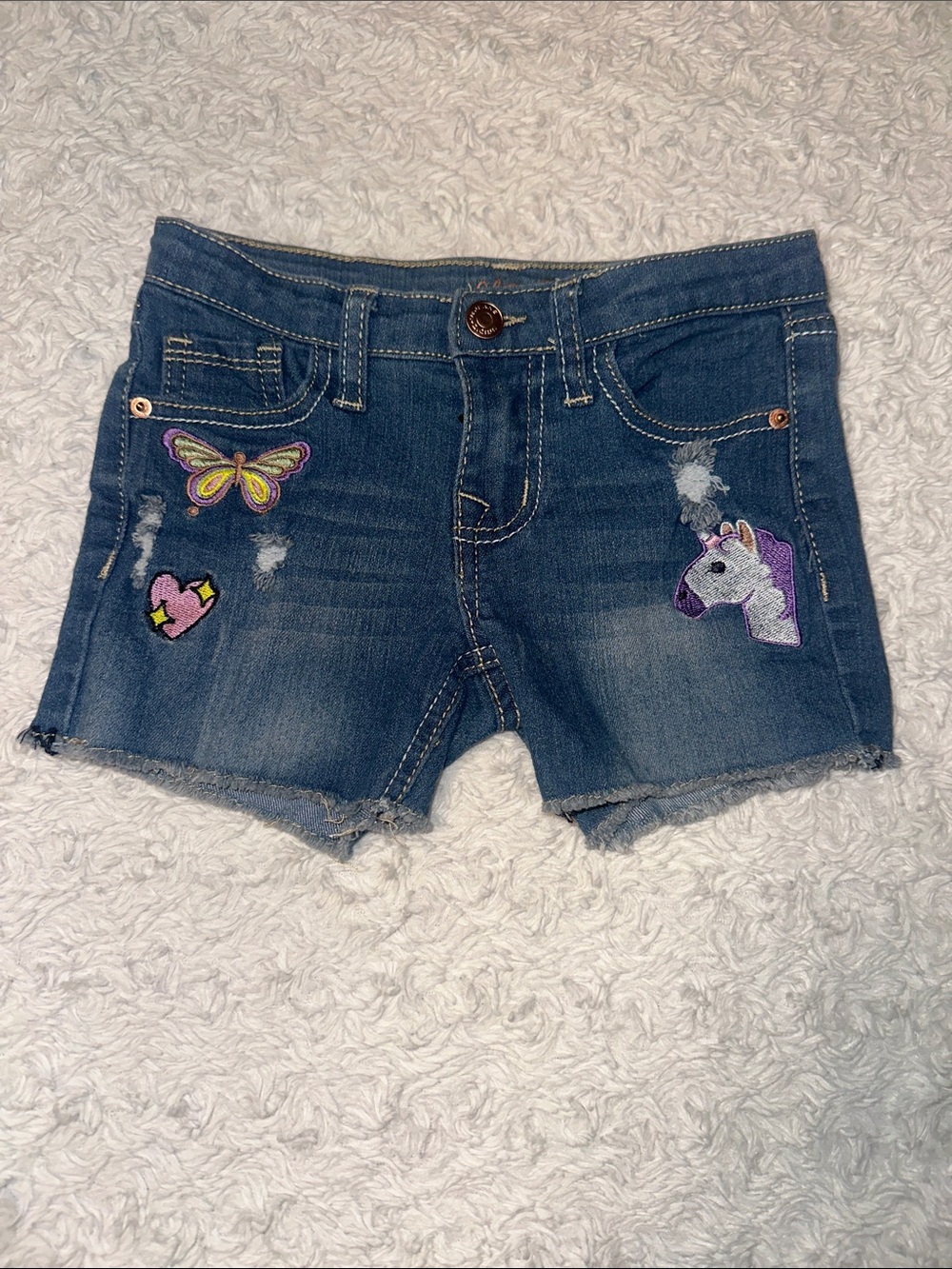 Girls' Blue Denim Unicorn & Butterfly Embroidered Jean Shorts